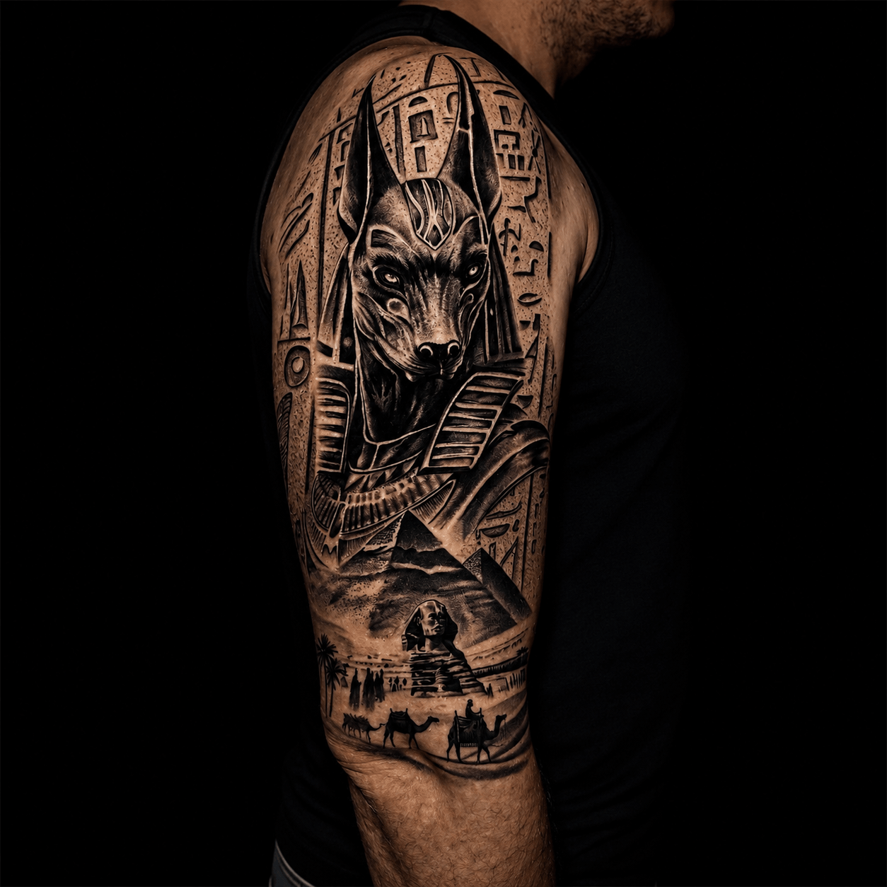 Tatouage réaliste Anubis noir et gris réalisé par Jax Ink Tattoo à Saint-Gilles, La Réunion