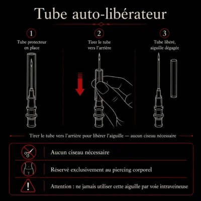 Schéma tube auto-libérateur aiguille cathéter piercing sans ciseaux