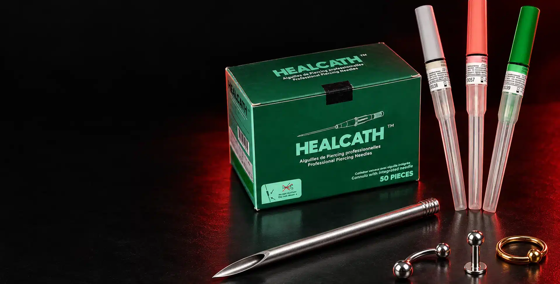 Matériel de piercing professionnel à La Réunion : cathéters Healcath, aiguille de piercing et bijoux de piercing