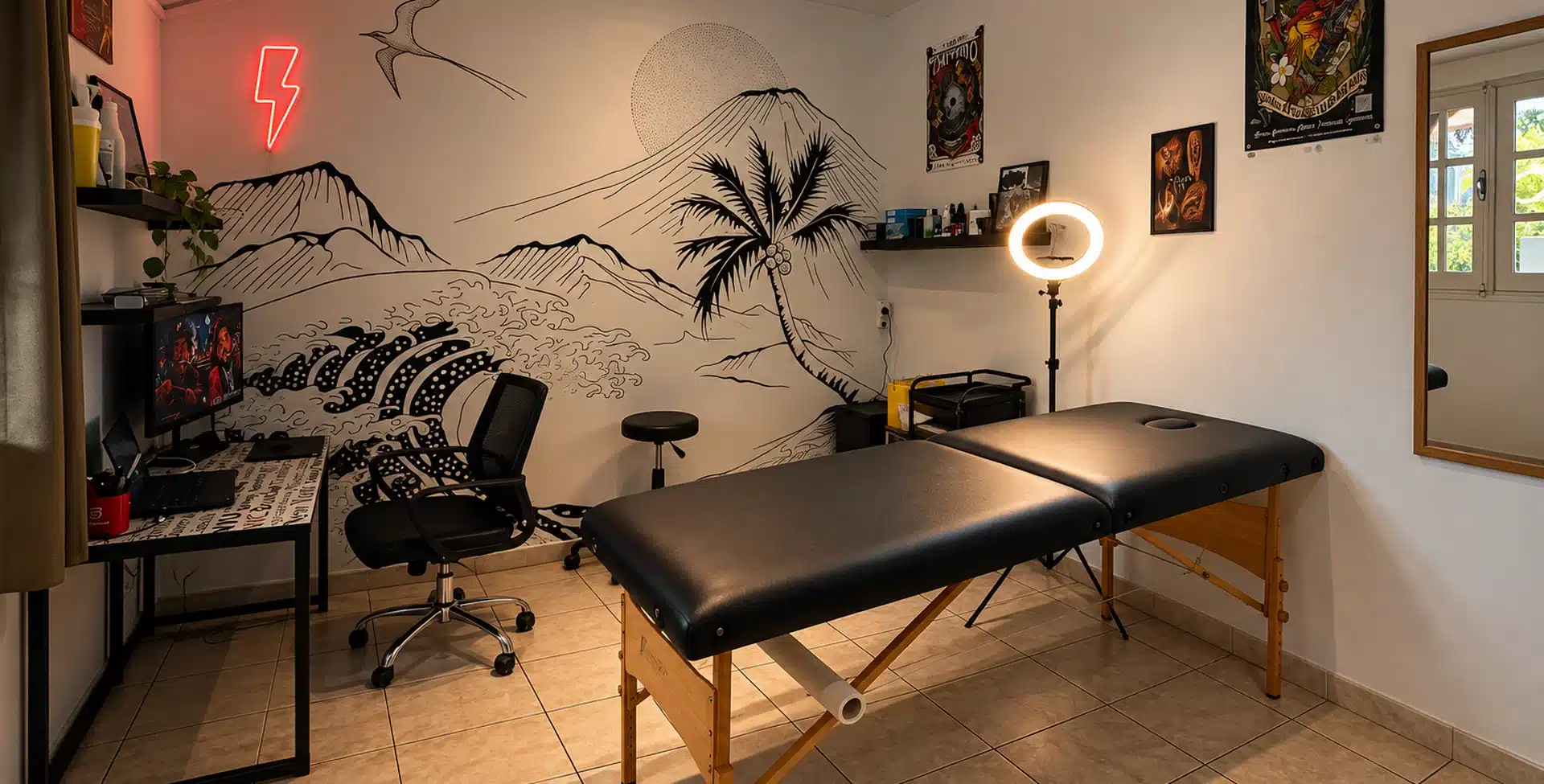 Studio de tatouage privé Jax Ink Tattoo à Saint-Gilles-les-Hauts, La Réunion, avec table de tatouage et fresque murale
