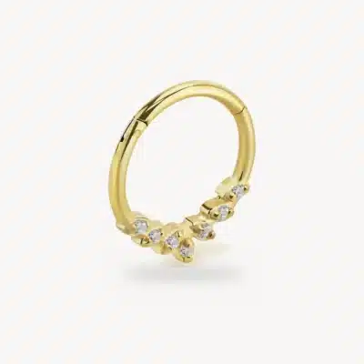 Piercing Anneau Segment Charnière Feuilles Zircons Doré Acier 316L 1,2 mm – La Réunion