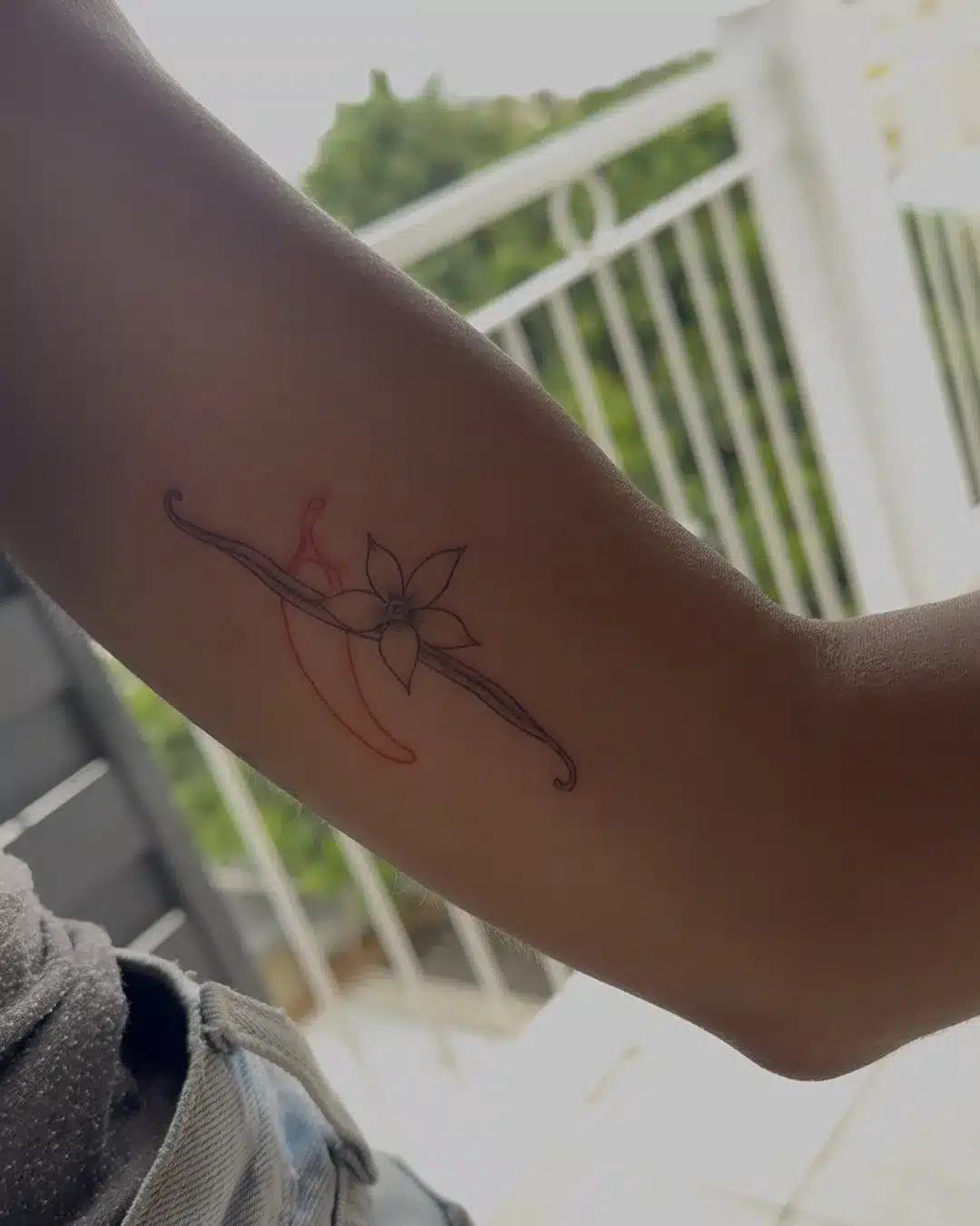 Tatouage fine line de vanille et piment rouge, souvenir de la cuisine réunionnaise